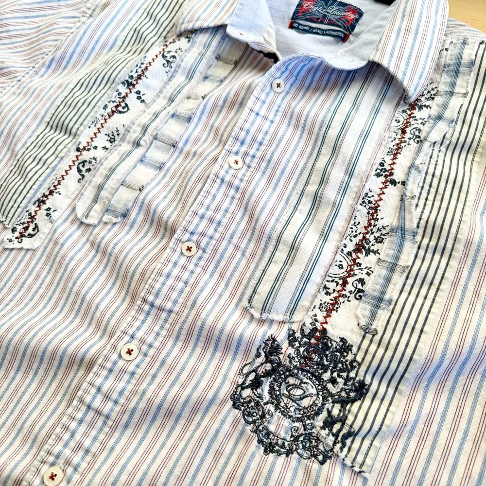 English Laundry 2X Women Shirt Pinstripe Patchwork Grandmacore Embroidered Boho